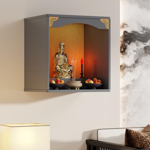 Tqoiozxa Wandmontierter Schrein-Altartisch, Tischplatte, chinesische Feng Shui Guan Gong Guan Yin Pooja Statue, Ausstellungsständer, mit Tür, Altarschrank(Gray,40 * 40 * 60cm/15.7 * 15.7 * 23.6in) von Tqoiozxa