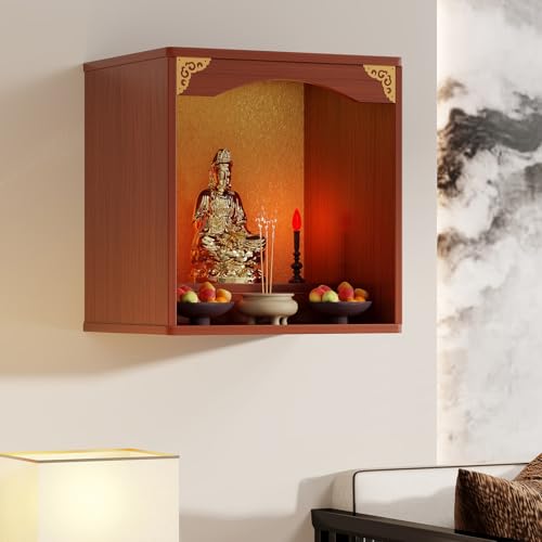 Tqoiozxa Wandmontierter Schrein-Altartisch, Tischplatte, chinesische Feng Shui Guan Gong Guan Yin Pooja Statue, Ausstellungsständer, mit Tür, Altarschrank(Teak,50 * 40 * 60cm/19.6 * 15.7 * 23.6in) von Tqoiozxa