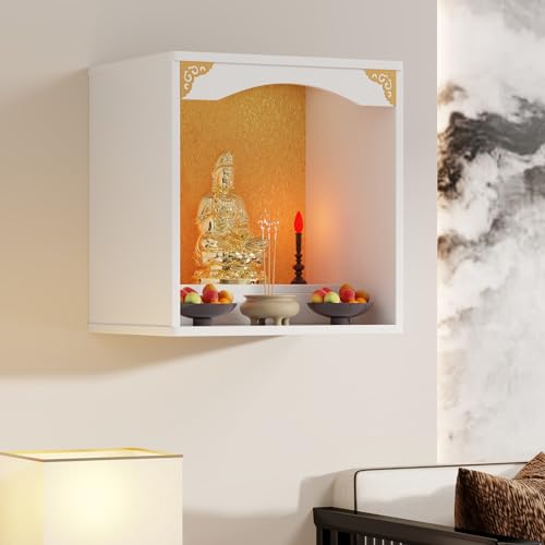 Tqoiozxa Wandmontierter Schrein-Altartisch, Tischplatte, chinesische Feng Shui Guan Gong Guan Yin Pooja Statue, Ausstellungsständer, mit Tür, Altarschrank(White,50 * 40 * 60cm/19.6 * 15.7 * 23.6in) von Tqoiozxa