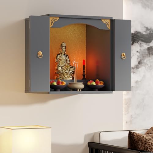 Wandmontierter Schrein-Altartisch, Tischplatte, chinesische Feng Shui Guan Gong Guan Yin Pooja Statue, Ausstellungsständer, mit Tür, Altarschrank(Gray(With door),60*40*60cm/23.6*15.7*23.6in) von Tqoiozxa