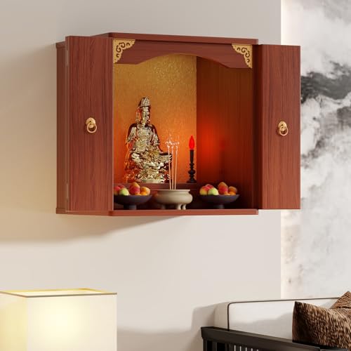 Wandmontierter Schrein-Altartisch, Tischplatte, chinesische Feng Shui Guan Gong Guan Yin Pooja Statue, Ausstellungsständer, mit Tür, Altarschrank(Teak(with door),40*40*60cm/15.7*15.7*23.6in) von Tqoiozxa