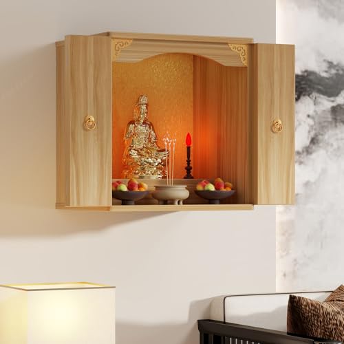 Wandmontierter Schrein-Altartisch, Tischplatte, chinesische Feng Shui Guan Gong Guan Yin Pooja Statue, Ausstellungsständer, mit Tür, Altarschrank(Wood(with door),40*40*60cm/15.7*15.7*23.6in) von Tqoiozxa
