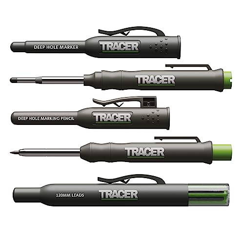 Tracer Komplett Tieflochmarkierungsset. Inklusive Doppelspitzigem Tiefbohr-Dauermarker,Tieflochmarker Bleistift, 6x Ersatzminenspender Seitenhalter von Tracer