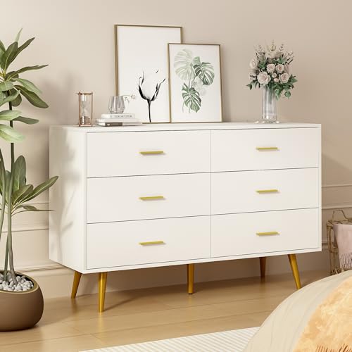 Weiße Kommode für Schlafzimmer, 6 Schubladen, Holzkommode mit goldenen Griffen, moderne Kommoden und Kommoden mit Aufbewahrungsschublade für Eingangsbereich, Flur Weiße Kommode für Schlafzimmer, 6 Schubladen, Holzkommode mit goldenen Griffen, moderne Kommoden und Kommoden mit Aufbewahrungsschublade für Eingangsbereich, Flur von Tradare