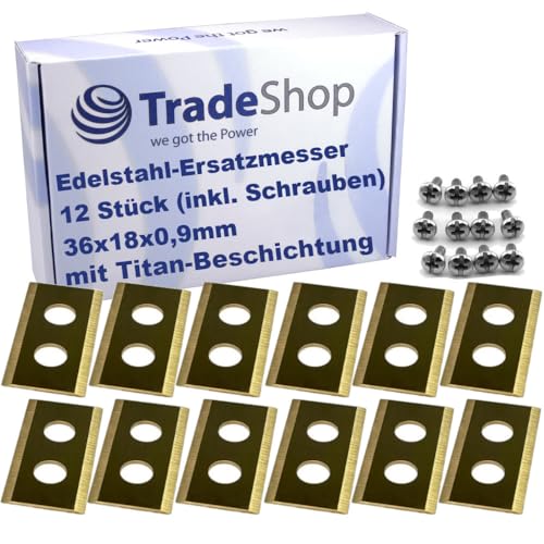 12x Trade-Shop Messer Klingen mit Titan-Beschichtung 36x18x0,9mm inkl. Schrauben kompatibel mit Einhell FREELEXO, FREELEXO Kit 500, 600, FREELEXO+ 12x Trade-Shop Messer Klingen mit Titan-Beschichtung 36x18x0,9mm inkl. Schrauben kompatibel mit Einhell FREELEXO, FREELEXO Kit 500, 600, FREELEXO+ von Trade-Shop