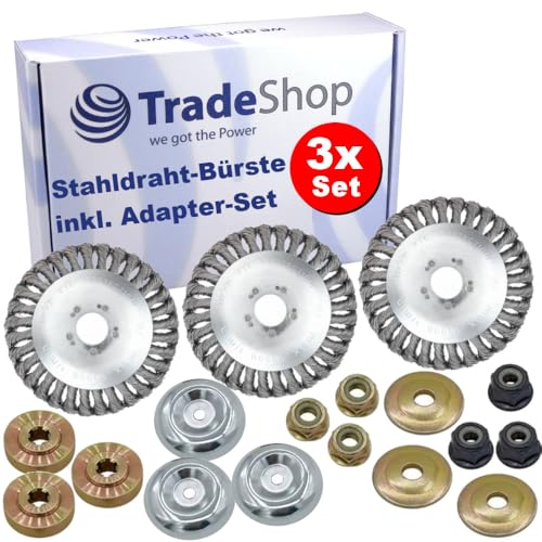 3X Trade-Shop Entrostender Stahldraht-Bürstenkopf Unkrautbürste 15cm x 2,54cm inkl. Adapter-Set kompatibel mit Stihl FS55 FS56 FS80 FS85 FS90R FS100 F108 von Trade-Shop