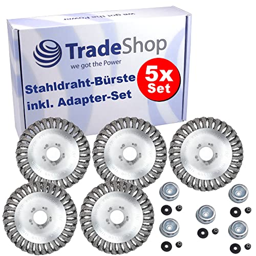 5X Trade-Shop Entrostender Stahldraht-Bürstenkopf Unkrautbürste 15cm x 2,54cm inkl. Adapter-Set kompatibel mit Stihl FS55 FS56 FS80 FS85 FS90R FS100 F108 von Trade-Shop
