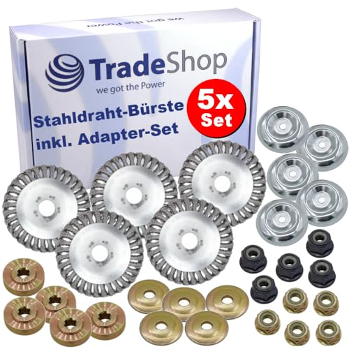 5X Trade-Shop Entrostender Stahldraht-Bürstenkopf Unkrautbürste 15cm x 2,54cm inkl. Adapter-Set kompatibel mit Stihl FS55 FS56 FS80 FS85 FS90R FS100 F108 von Trade-Shop