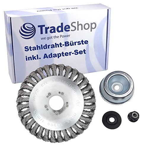 Trade-Shop 150mm 6″ Unkraut- Stahldraht- Bürste Stahlrad Trimmerkopf inkl. Adapter-Set kompatibel mit Stihl, Worx, Black & Decker, Husqvarna Motorsense von Trade-Shop