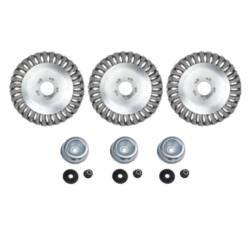 Trade-Shop Drahtbürste 3x Unkrautbürste 150mm für Worx, Black & Decker, Husqvarna Motorsense, passend für Stihl FS-55 FS-56 FS-80 FS-85 FS-90R FS-100 F-108, Stahldraht-Bürstenkopf mit Druckscheibe, Laufteller, Sicherungsmutter von Trade-Shop
