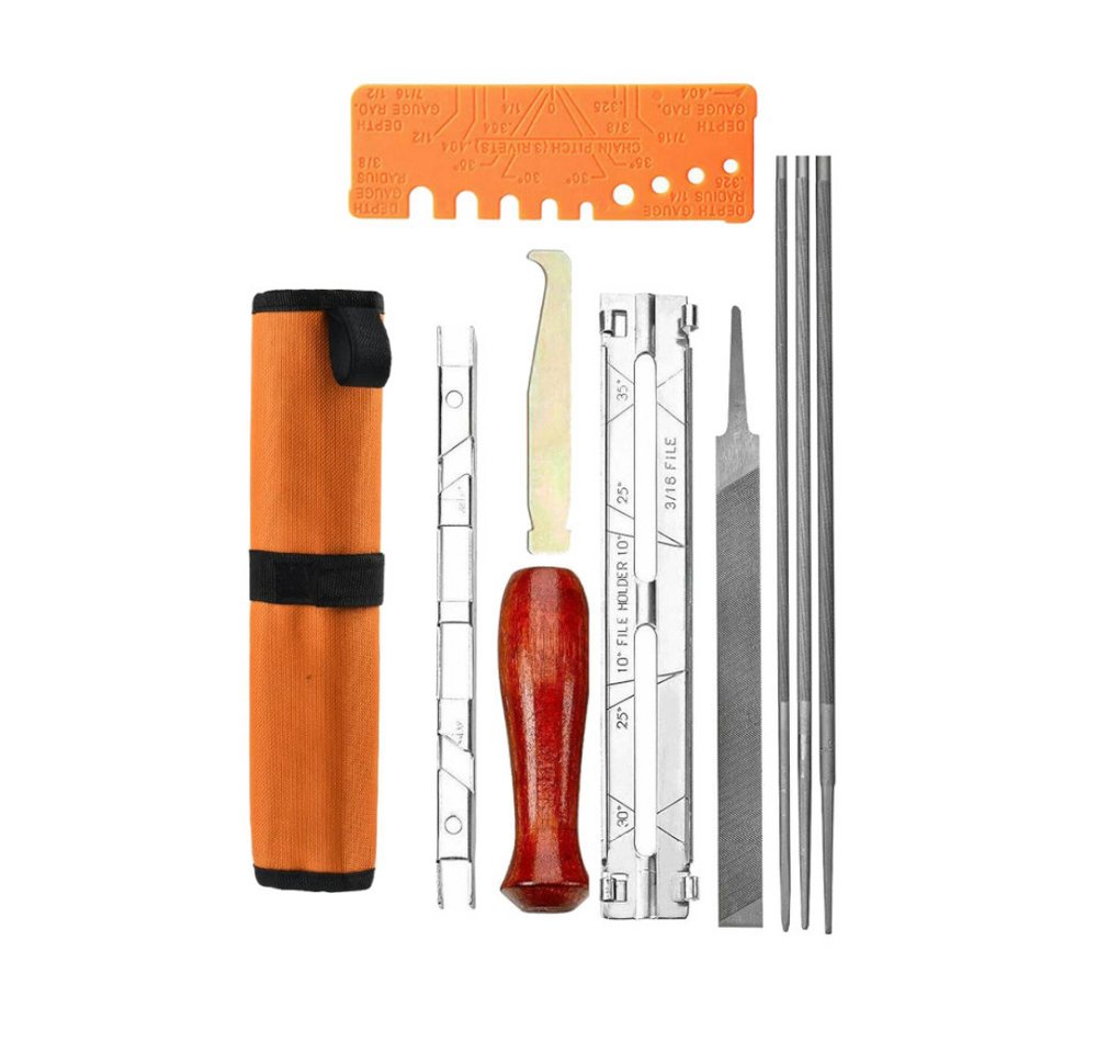 Trade-Shop Elektrowerkzeug-Set Kettensägen-Schärfset 10-teilig Universal Kit für Sägeketten, 10-tlg., bestehend aus Feilen, Rillenreiniger, Schnellprüfer, Tragetasche etc. von Trade-Shop