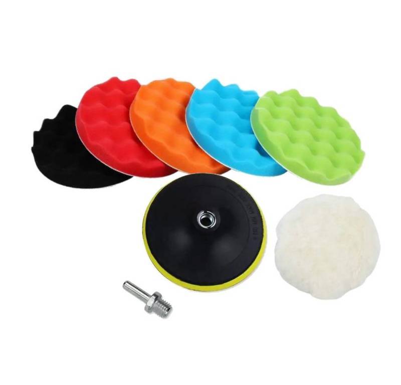 Trade-Shop Polierschwamm 8in1 Set Ø150mm für Poliermaschine / Winkelschleifer mit M14 Aufnahme, (8 St), Set: 5x Polierschwamm, 1x Polierfell, 1x Stützteller, 1x M14 Adapter von Trade-Shop