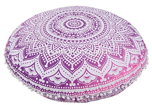 Indische Ombre Mandala Kissen, große Runde Bodenkissen, dekorative Kissenbezüge, Roundie Boho Hocker Ottomane, Pom Pom Outdoor Kissenbezug von Trade Star Exports