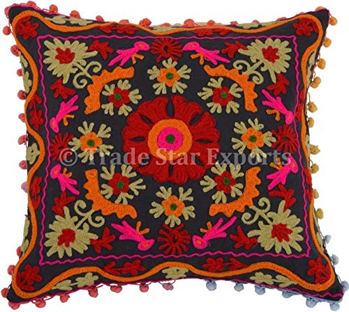 Trade Star Suzani Kissenbezug, Größe: 40 x 40 cm, dekoratives indisches Kissen mit Pompons, Baumwollkissenbezug für draußen, Zierkissen von Trade Star
