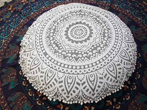 Dekorativer Kissenbezug von Traditional Jaipur, runder Sitzkissenüberwurf mit Mandala-Motiv, 80 cm groß silber von Traditional Jaipur