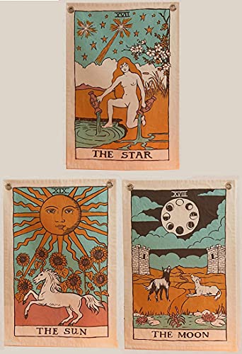 Packung mit 3 Tarot-Karten-Baumwoll-Poster - Sonne, Stern, Mond Poster Wandteppich, ästhetischer Wand-Kunst-Dekor, psychedelischer Wandbehang, Wohnheim-Dekor (Pack of All 3) von Traditional Jaipur