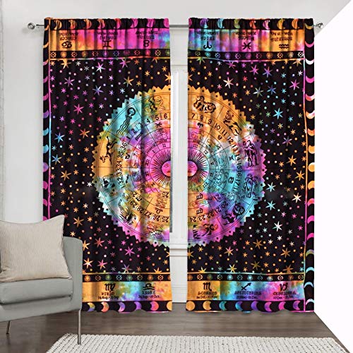 Sternzeichen Sternzeichen Himmlischer Vorhang, astrologisches Sonnenmond Horoskop Psychedelic Window Treatment Set Tür hängen, drapieren Sie Balkon, Room Decor 2 Panels (80 x 40 Inches(2)) von Traditional Jaipur