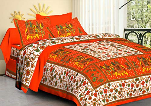 Traditional Jaipur Bedrucktes Bettlaken aus Baumwolle, Bettdecke Sanganeri Jaipuri 86 x 94 Zoll mit 2 Kissenbezügen von Traditional Jaipur