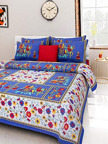 Traditional Jaipur Bedrucktes Bettlaken aus Baumwolle, Bettdecke Sanganeri Jaipuri 86 x 94 Zoll mit 2 Kissenbezügen von Traditional Jaipur