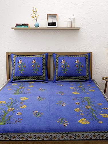 Traditional Jaipur Bedrucktes Bettlaken aus Baumwolle mit Blumenmuster, Bettdecke Sanganeri Jaipuri 86 x 94 Zoll mit 2 Kissenbezügen von Traditional Jaipur