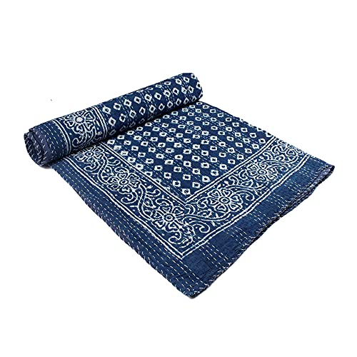 Traditional Jaipur Handblock Blau Indigo Print Kantha Quilt 100% Baumwolle Kantha Decke Tagesdecke Überwurf Quilt Kantha Bettdecke Bettwäsche Tagesdecke von Traditional Jaipur
