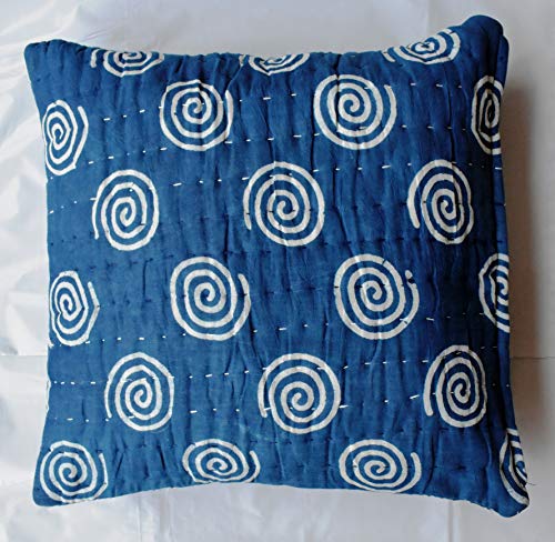 Traditional Jaipur Indigo Kantha Block Print Kissenbezüge, handgemachte Kantha Arbeit Kissen 16 x 16 dekorative Throw Kissenbezüge, indische Outdoor-Kissen, Boho Kissen Sham von Traditional Jaipur