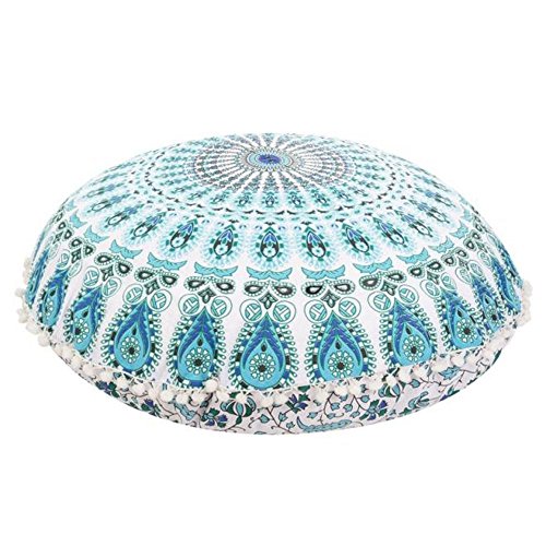 Traditional Jaipur Pfau-Feder-Mandala-Bodenkissen, dekorative Wurfkissenbezüge 32", indischer Puff, Boho Hocker, Pom Pom Outdoor-Kissenbezug, Boho-Kissenbezüge ohne Füllstoff von Traditional Jaipur