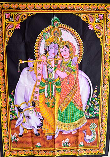 Traditional Jaipur Radha Krishna Poster Pailletten Arbeiten, indische religiöse Baumwolle Poster, Wandbehang, böhmische Wohnheim Zimmer Dekorationen, Hippie Wand Kunst Größe 30"X 42" Zoll von Traditional Jaipur