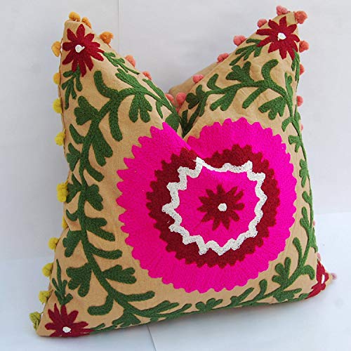 Traditional Jaipur Suzani Kissen, indische Kissenbezug Pom Pom 16 x 16, bestickte dekorative Dekokissen Fall, Baumwolle Outdoor-Kissen, Boho Pillow Shams von Traditional Jaipur