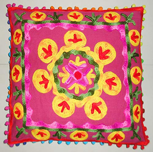 Traditional Jaipur Suzani Kissen, indische Kissenbezug Pom Pom 16 x 16, bestickte dekorative Dekokissen Fall, Baumwolle Outdoor-Kissen, Boho Pillow Shams von Traditional Jaipur