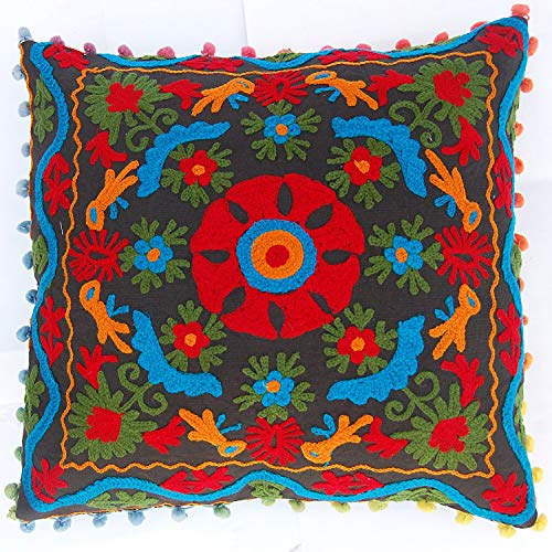 Traditional Jaipur Suzani Kissen, indische Kissenbezug Pom Pom 16 x 16, bestickte dekorative Dekokissen Fall, Baumwolle Outdoor-Kissen, Boho Pillow Shams von Traditional Jaipur