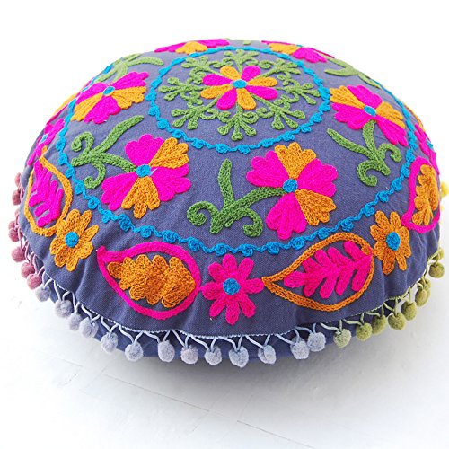 Traditionelle Jaipur Boho werfen runde Form Suzani Kissen, bestickte Kissenbezüge 16", dekorative Kissenbezüge, indische Pom Pom Outdoor Kissen, Boho Pillow Shams von Traditional Jaipur