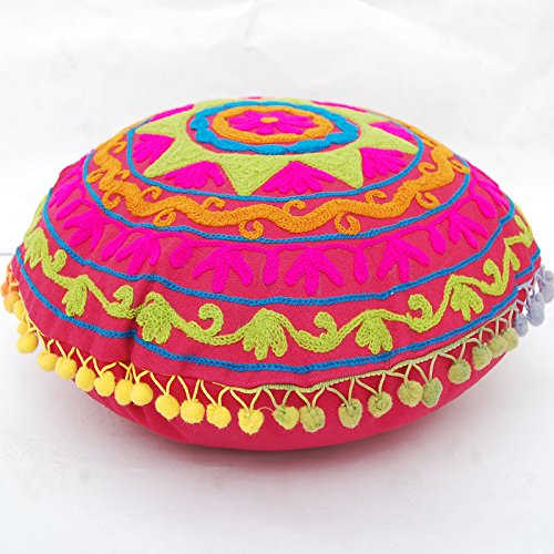 Traditionelle Jaipur Boho werfen runde Form Suzani Kissen, bestickte Kissenbezüge 16 ", dekorative Kissenbezüge, indische Pom Pom Outdoor Kissen, Boho Pillow Shams von INDACORIFY