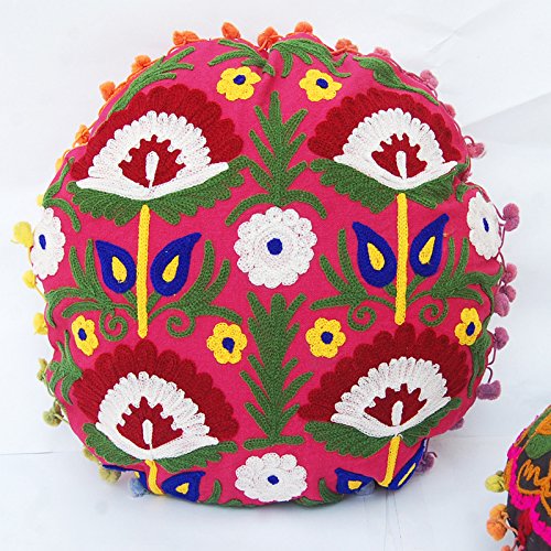 Traditionelle Jaipur Boho werfen runde Form Suzani Kissen, bestickte Kissenbezüge 16", dekorative Kissenbezüge, indische Pom Pom Outdoor Kissen, Boho Pillow Shams von Traditional Jaipur