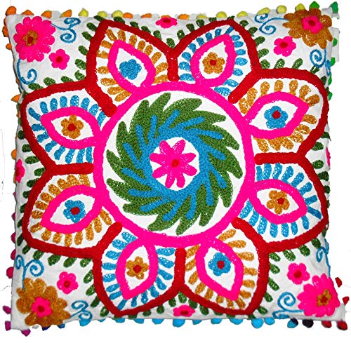 Traditionelle Jaipur Suzani Kissenbezug 16 x 16, Indian Outdoor Kissen, dekorativer Überwurf-, Boho Kissenbezüge Kissenbezug, Bestickt, POM POM kissenrollen von Traditional Jaipur