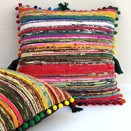 Traditionelle Jaipur handgewebte Chindi Kissen, handgemachte Baumwolle Stoff geflochtene böhmische dekorative Boden Kissen Multi Color Patio Kissen Shams 16"x 16" von Traditional Jaipur