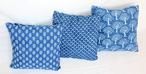 traditionelles Jaipuri 3er Set Hand Block Print Indigo Stoff indische Kissen Kissenbezüge dekorative Wurfkissenbezug handgefertigt Outdoor Kissenbezug Boho Pillow Shams (16 x 16 Zoll) von Traditional Jaipur