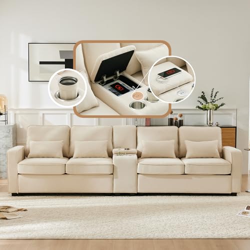 Modernes 4-Sitzer-Sofa aus Leinenstoff mit Konsole, 2 Getränkehaltern, 2 USB-Anschlüssen zum Aufladen mit Kabel, mit Armlehnentaschen und 4 Kissen, einfaches Sofa für Wohnzimmer, Wohnung, Büro Modernes 4-Sitzer-Sofa aus Leinenstoff mit Konsole, 2 Getränkehaltern, 2 USB-Anschlüssen zum Aufladen mit Kabel, mit Armlehnentaschen und 4 Kissen, einfaches Sofa für Wohnzimmer, Wohnung, Büro von Tradrou