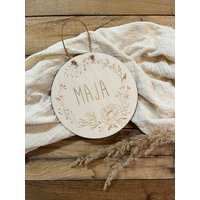 Holzschild Blumenkranz Mit Name/Kinderzimmer Türschild Graviert Personalisiertes von Traeumelei