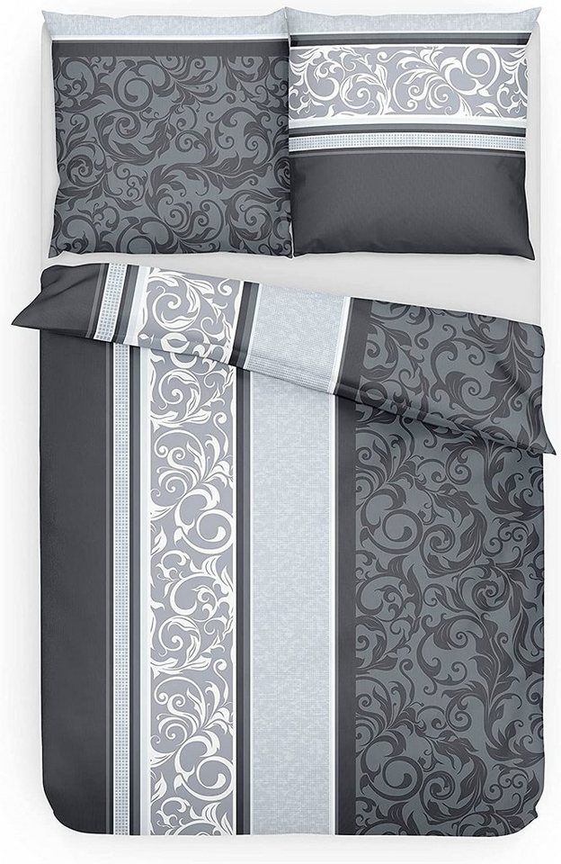 Träumschön Bettwäsche Biber Bettwäsche Grau Silber, Warme Bettwäsche Grau Biber mit silbernen Paisley Design von Träumschön