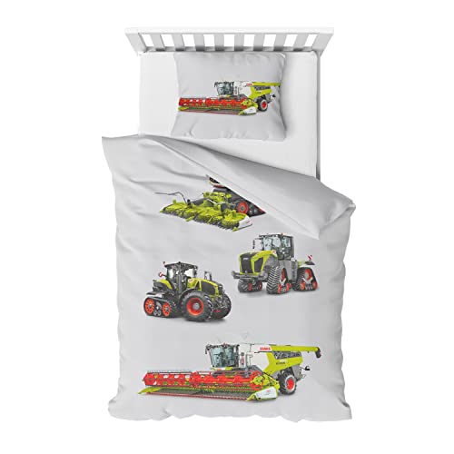 Träumschön Biber Kinderbettwäsche 135x200 Jungen - CLAAS Terra Track - Traktor Biber Bettwäsche 135x200 Kinder - Biber Wendebettwäsche Weiss/Muster von Träumschön