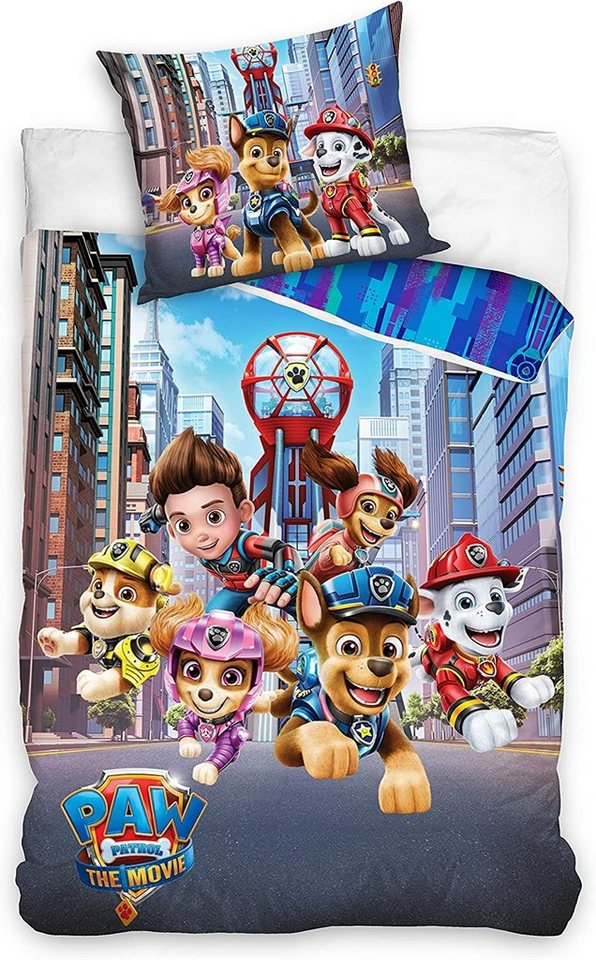 Kinderbettwäsche Paw Patrol 135x200 + 80x80 cm, 100% Baumwolle, Paw Patrol Mighty Pups, Träumschön, Renforcé, 2 teilig, mit Reißverschluss, 100% Baumwolle, Bettwäsche-Set für Kinder von Träumschön