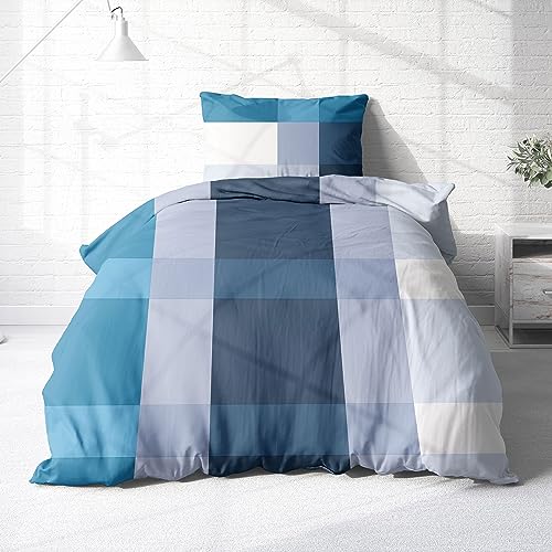 Träumschön Bettwäsche 155x 220 Biber Reißverschluss Blau | Bettwäsche-Set Blau Karo Design | Biber Bettwäsche 155x220 2tlg | Kuschelige Bettwäsche von Träumschön