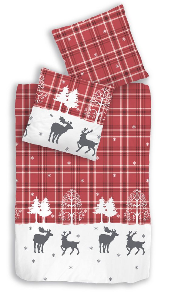 Träumschön Bettwäsche Biber 135x200 cm oder 155x220 cm Winter - Rentier rot, Biber, mit Reißverschluss, 100% Baumwolle, kuschelig warm im Winter von Träumschön