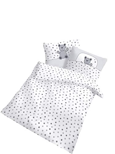 Träumschön Biber Baby Bettwäsche 100x135 cm - 40x60 cm | Made in Germany | Bettwäsche Set Silber Teddy mit Sterne | 100% Baumwolle von Träumschön