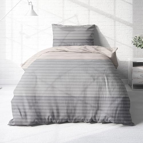 Träumschön Biber Bettwäsche 135x200 cm Bettbezug Baumwolle - Bettwäsche 2teilig grau - Bettwäscheset aus 100% Baumwolle - Bettwäsche gestreift von Träumschön