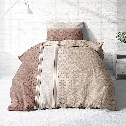 Träumschön Biber Bettwäsche 135x200 Baumwolle Beige Braun - Kuschelige Bettwäsche mit Reißverschluss - Bettwäsche Braun Beige Muster von Träumschön