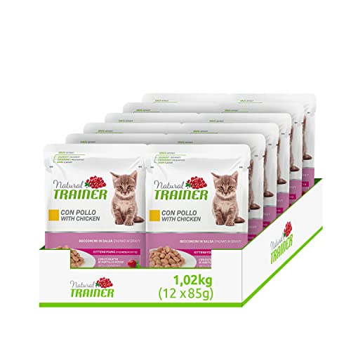 Natural Trainer Kitten & Young Nassfutter für Katzen mit Huhn, 12 Beutel x 85 g – 1020 g von Trainer