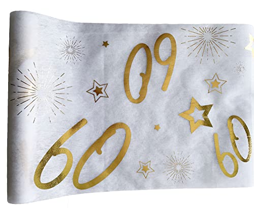 Tralala Fêtes© – Tischläufer 60. Geburtstag – dekoratives Tischband für Tafelaufsätze - Schicke Tischdekoration in Weiß und Gold - Hochglanzrolle 31,5 x 500 cm – Tischdecke (60 Jahre) von Tralala Fêtes