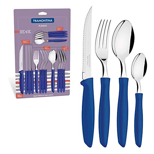 Tramontina 23498-101 Plenus Besteckset für 4 Personen, Menübesteck 16-teilig, Edelstahl, Grifffarbe blau, verschiedene Farben von Tramontina